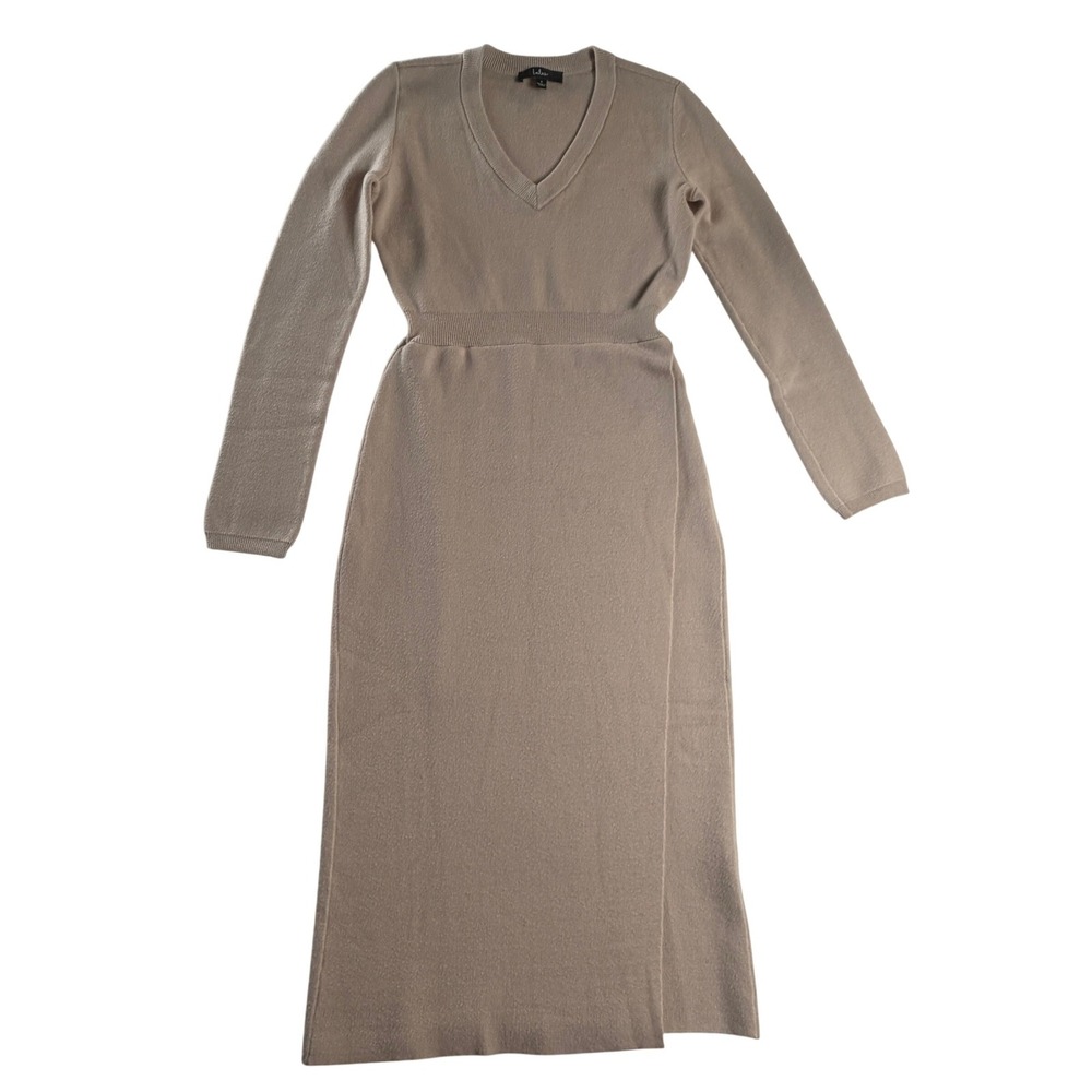 Lulus Knit's My Life Beige V-Neck Midi Sweater Dress Size S Long Sleeve